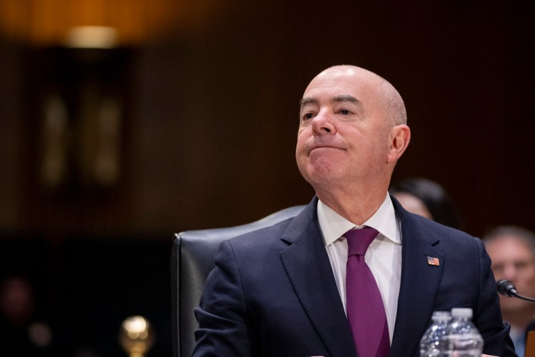 Homeland Security Secretary Alejandro Mayorkas testifies during a hearing of the Senate Appropriations Committee on Capitol Hill, Wednesday, Nov. 8, 2023.