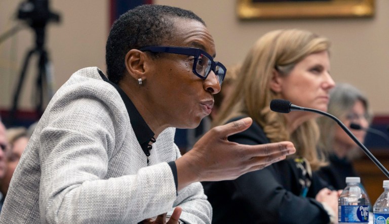 Harvard President Claudine Gay, left, speaks as University of Pennsylvania President Liz Magill listens, during a hearing of the House Committee on Education on Capitol Hill, Tuesday, Dec. 5, 2023 in Washington.