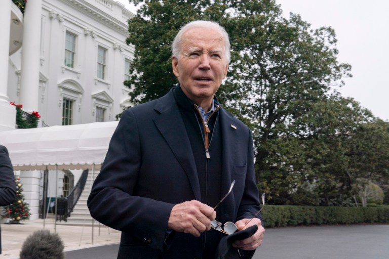 President Joe Biden speaks to members of the media as he leaves the White House to spend the Christmas holiday with his family at Camp David presidential retreat, near Thurmont, Maryland, Saturday, Dec. 23, 2023.
