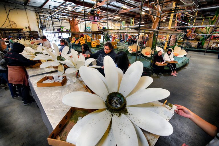 Volunteers begin decorating flowers for the 2024 Kaiser Permanente Rose Parade Float at Fiesta Parade Floats in Irwindale, California, on Tuesday, Dec. 26, 2023. 