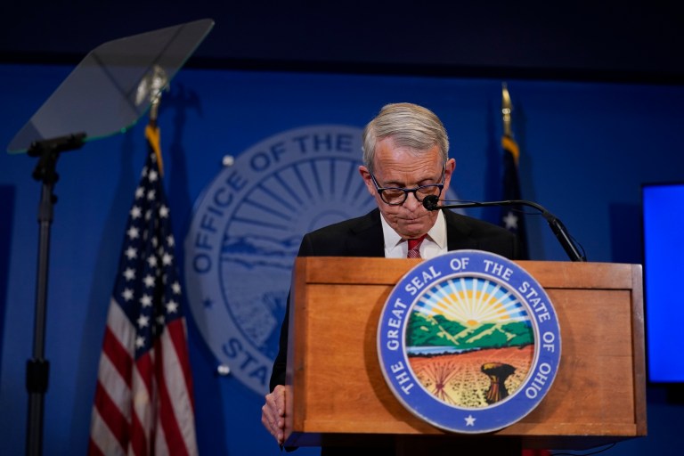 Gov. Mike DeWine (R-OH) pauses as he speaks during a news conference on Friday, Dec. 29, 2023, in Columbus, Ohio. DeWine vetoed a measure Friday that would have banned gender-affirming care for minors and transgender athletesâ participation in girls' and womenâs sports, in a break from members of his party who championed the legislation.