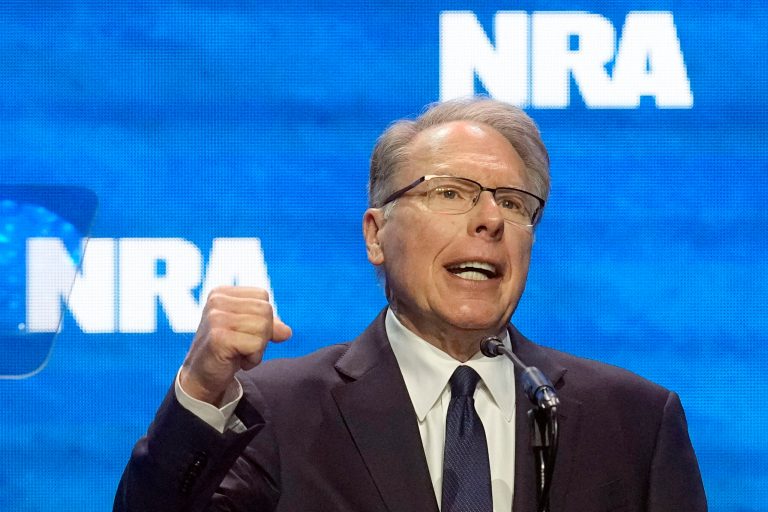 FILE - Wayne LaPierre, CEO and executive vice-president of the National Rifle Association, addresses the National Rifle Association Convention, April 14, 2023, in Indianapolis. The National Rifle Association of America (NRA) announced Friday, Jan 5, 2023, that LaPierre announced he is stepping down from his position as chief executive of the organization, effective Jan. 31  (AP Photo/Darron Cummings, File)
