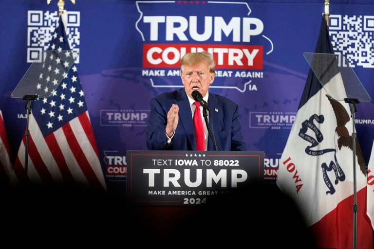 Former President Donald Trump speaks at a campaign rally at Terrace View Event Center in Sioux Center, Iowa, Friday, Jan. 5, 2024. 