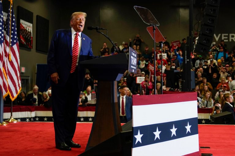 Republican presidential candidate former President Donald Trump speaks during a commit to caucus rally on Saturday, Jan. 6, 2024, in Clinton, Iowa.