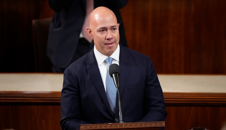 Rep. Brian Mast (R-FL) nominates Rep. Kevin McCarthy (R-CA) for speaker ahead of the eighth round of voting in the House chamber as the House meets for the third day to elect a speaker and convene the 118th Congress in Washington, Thursday, Jan. 5, 2023.