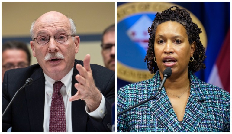 DC Council Chairman Phil Mendelson (left) filed an emergency resolution to allow the council's general counsel to explore legal action against Mayor Muriel Bowser (right) for withholding additional SNAP allotments required in the appropriations bill.