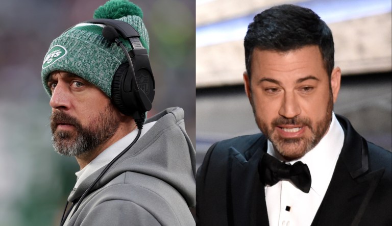 Retired athlete Aaron Rodgers, left, and late night host Jimmy Kimmel, right.