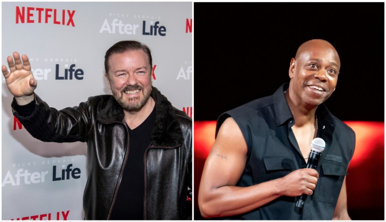Comedians Ricky Gervais, left, and Dave Chappelle, right.