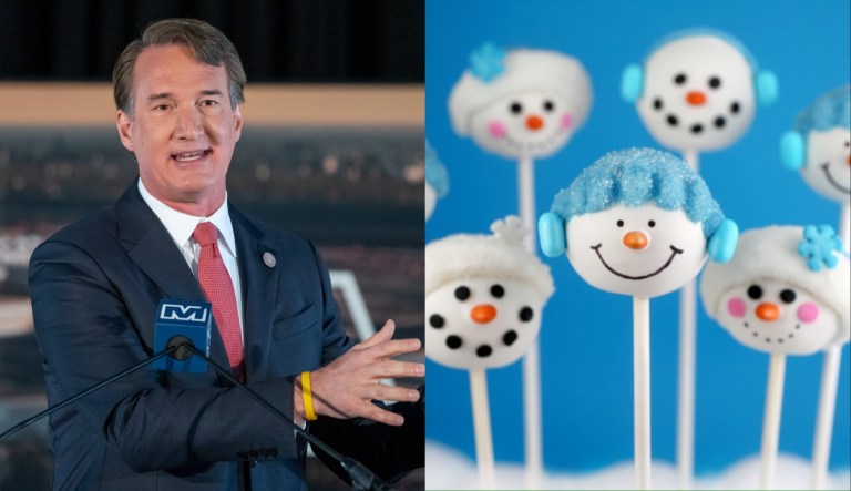 Virginia Gov. Glenn Youngkin, left, and a group of cake pops, right.
