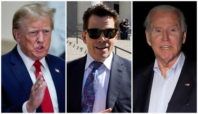 Former President Donald Trump, former White House communications director Anthony Scaramucci, and President Joe Biden.