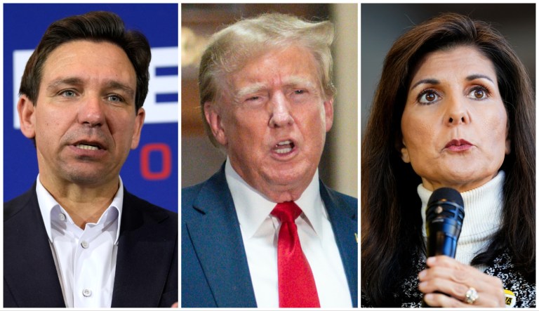 Gov. Ron DeSantis (R-FL), former President Donald Trump, and former Republican South Carolina Gov. Nikki Haley. All three are 2024 Republican presidential candidates.