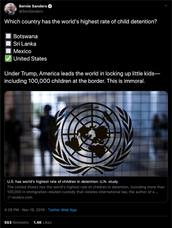 'This is immoral': Bernie Sanders tweets retracted Reuters story claiming US has 100,000 detained children