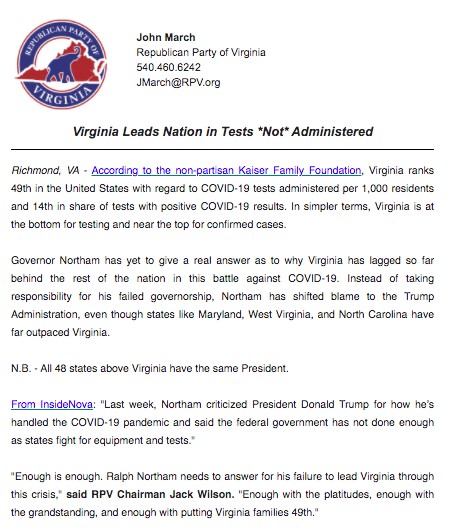 ‘Enough is enough’: Virginia GOP blasts Ralph Northam over lack of coronavirus testing after state ranks second-to-last