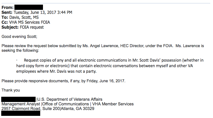 Veterans Affairs official files FOIA request to spy on whistleblower