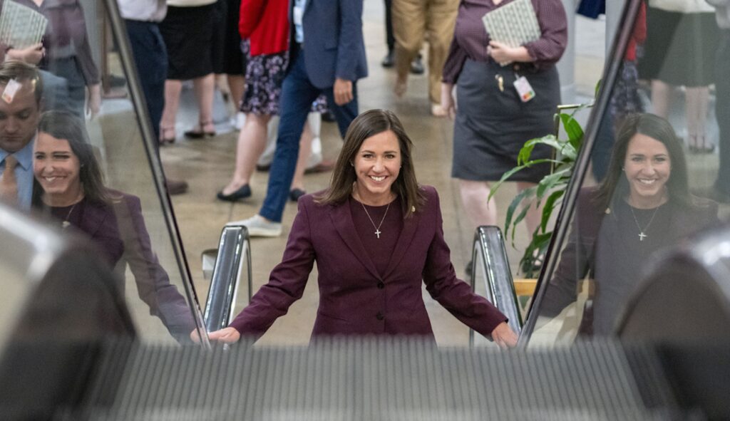 Sen. Katie Britt (R-AL) on the way to a vote on Capitol Hill, Wednesday, Sept. 6, 2023 in Washington. (AP Photo/Alex Brandon)
