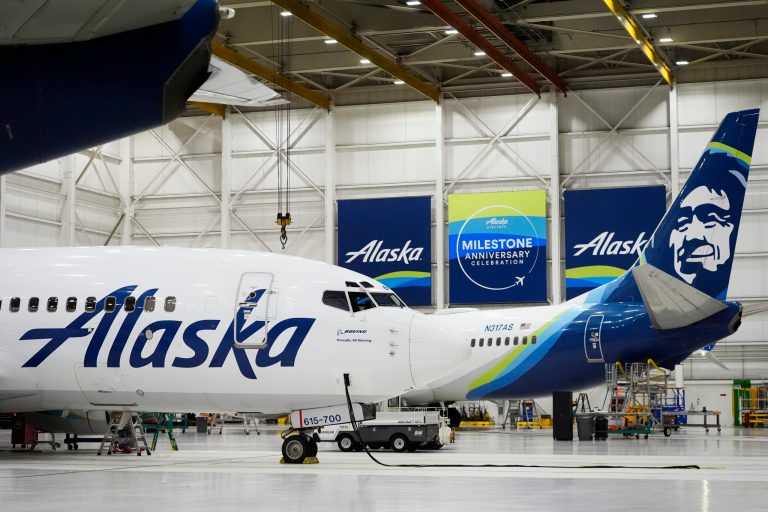 Alaska Airlines aircraft sit in the airline's hangar at Seattle-Tacoma International Airport Wednesday, Jan. 10, 2024, in SeaTac, Wash.