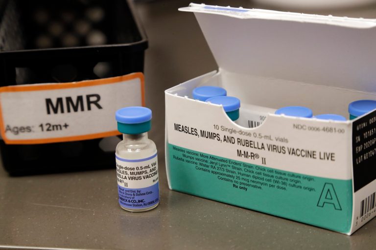 A dose of the measles, mumps and rubella vaccine is displayed at the Neighborcare Health clinics at Vashon Island High School in Vashon Island, Washington, on May 15, 2019.