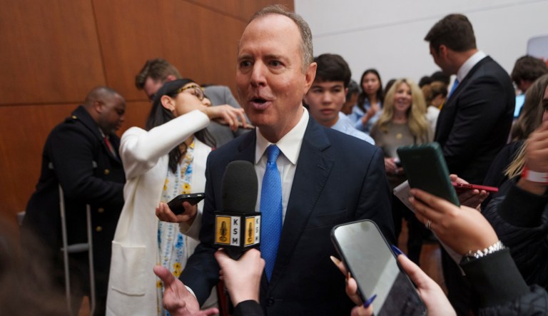 Rep. Adam Schiff (D-CA) speaks with reporters after a televised debate, Monday, Jan. 22, 2024, in Los Angeles. (AP Photo/Damian Dovarganes)