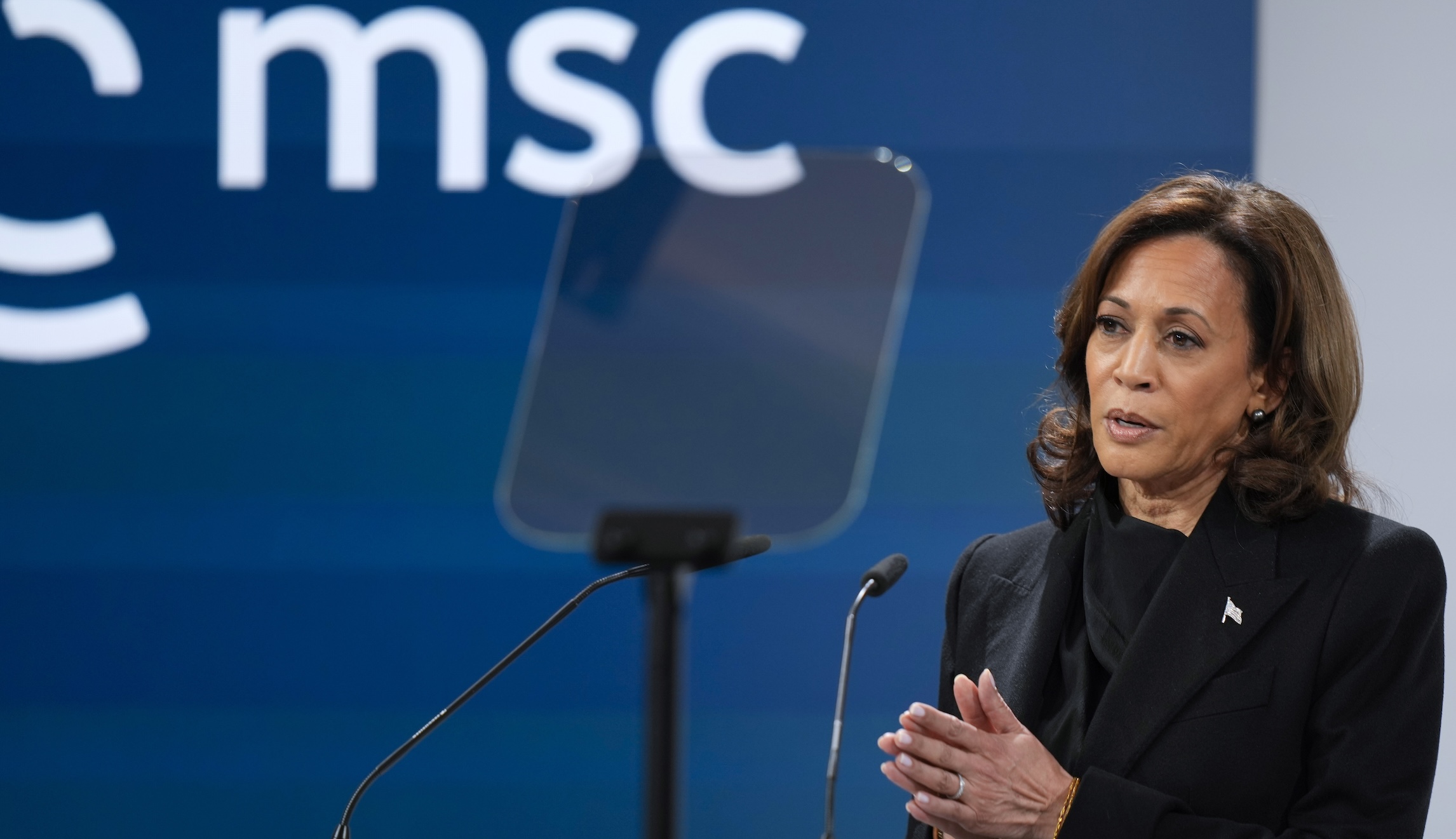 Kamala Harris defends muscular foreign policy following Putin critic’s death
