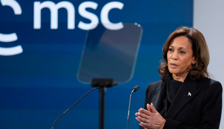 Kamala Harris defends muscular foreign policy following Putin critic’s death