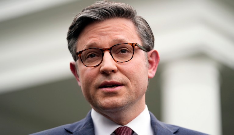 House Speaker Mike Johnson (R-LA) talks with reporters outside the West Wing after meeting with President Joe Biden at the White House in Washington, Tuesday, Feb. 27, 2024. (AP Photo/Andrew Harnik)