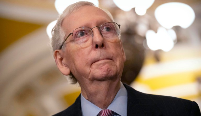 Senate Minority Leader Mitch McConnell (R-KY) listens to a reporter's question during a press availability on Capitol Hill, Feb. 27, 2024, in Washington. (AP Photo/Mark Schiefelbein, File)