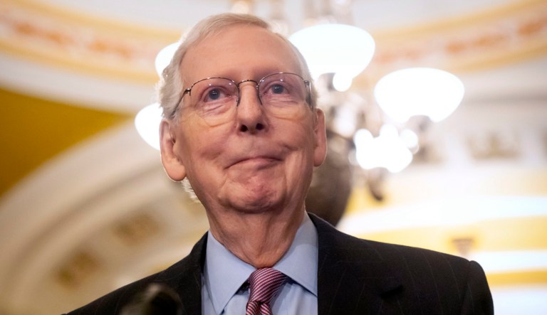 FILE - Senate Minority Leader Mitch McConnell (R-KY) speaks during a press availability on Capitol Hill, Feb. 27, 2024, in Washington. (AP Photo/Mark Schiefelbein, File)