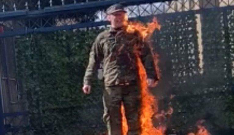 Airman Aaron Bushnell set himself on fire outside the Israeli embassy in Washington D.C. on Feb. 25 to protest Israel's war in Gaza. (Credit, independent journalist Talia Jane)