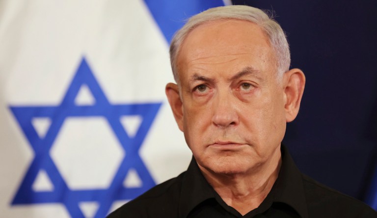 FILE - Israeli Prime Minister Benjamin Netanyahu attends a press conference with Defense Minister Yoav Gallant and Cabinet Minister Benny Gantz in the Kirya military base in Tel Aviv, Israel, Saturday, Oct. 28, 2023. (Abir Sultan/Pool Photo via AP, File)