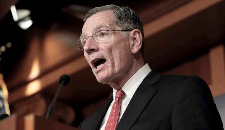 Sen. John Barrasso (R-WY) speaks during a news conference, Thursday, Feb. 8, 2024, on Capitol Hill in Washington. (AP Photo/Mariam Zuhaib)