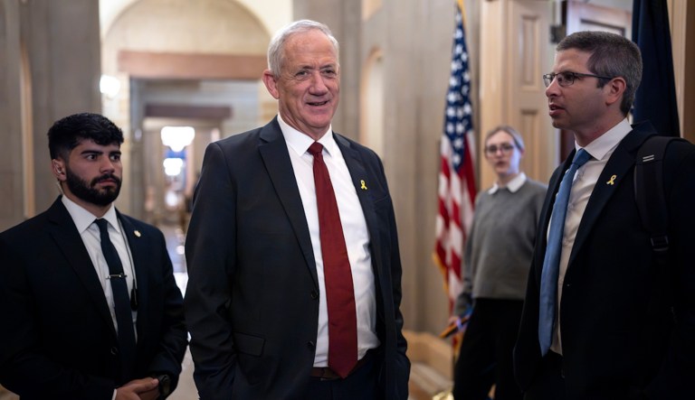 Benny Gantz, a key member of Israel's War Cabinet and the top political rival of Israeli Prime Minister Benjamin Netanyahu, leaves a meeting in the office of Senate Minority Leader Mitch McConnell (R-KY) at the Capitol in Washington, Monday, March 4, 2024. (AP Photo/J. Scott Applewhite)