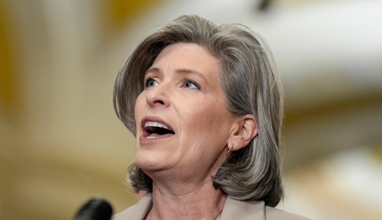 Sen. Joni Ernst (R-IA) talks after a policy luncheon on Capitol Hill Wednesday, March 6, 2024, in Washington. (AP Photo/Mariam Zuhaib)