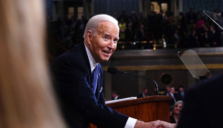 President Joe Biden shakes hands after delivering the State of the Union address to a joint session of Congress at the Capitol, Thursday, March 7, 2024, in Washington. (Shawn Thew/Pool via AP)