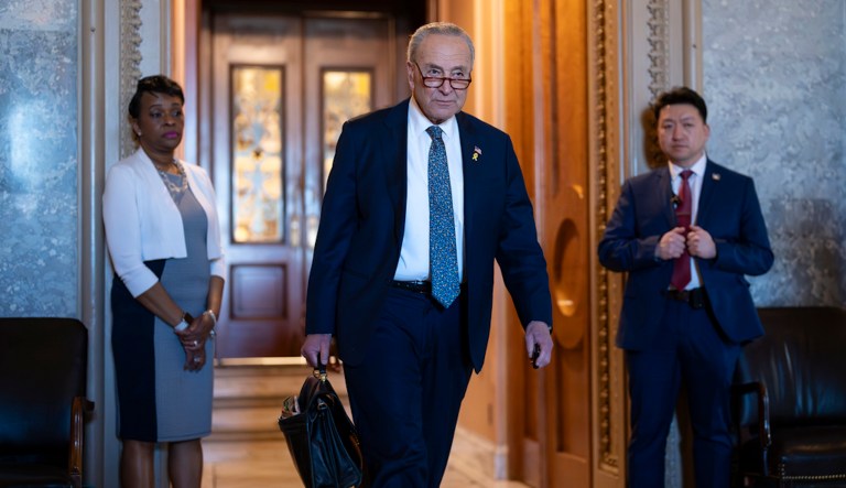 Senate Majority Leader Chuck Schumer (D-NY) departs after saying he believes Israeli Prime Minister Benjamin Netanyahu has 
