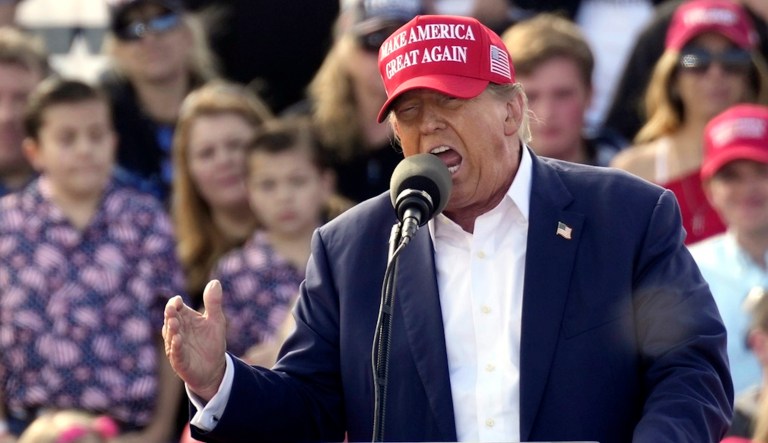 Republican presidential candidate former President Donald Trump speaks at a Buckeye Values PAC rally on Saturday, March 16, 2024, in Vandalia, Ohio. (AP Photo/Meg Kinnard)