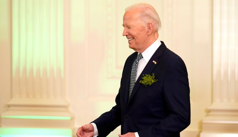 President Joe Biden greets attendees at a St. Patrick's Day brunch with Catholic leaders in the East Room of the White House, Sunday, March 17, 2024. (AP Photo/Stephanie Scarbrough)