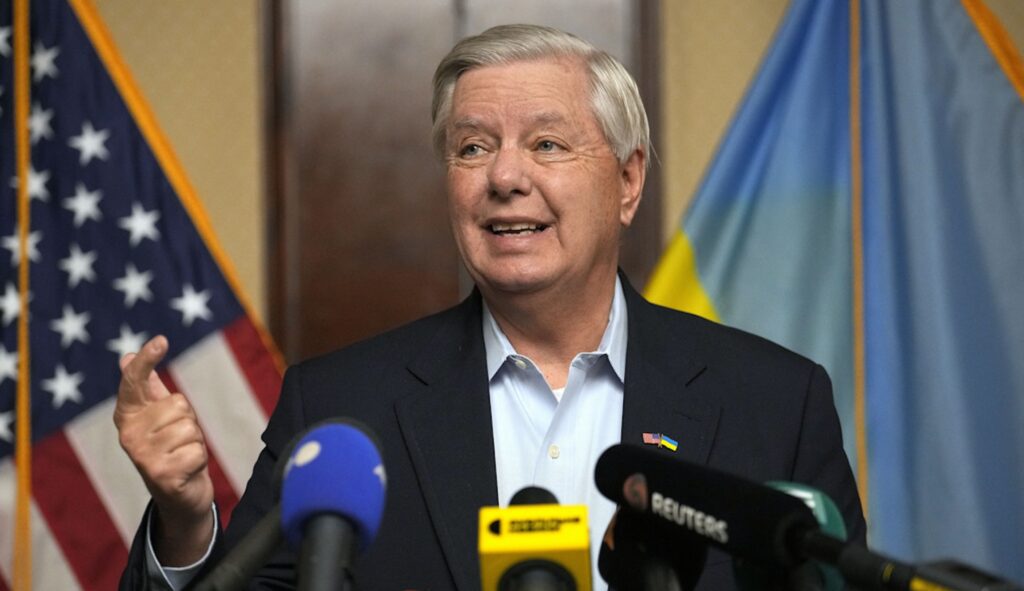 U.S. Sen. Lindsey Graham (R-SC) speaks to the media in Kyiv, Ukraine, Monday, March 18, 2024. (AP Photo/Vadim Ghirda)