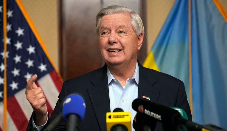 U.S. Sen. Lindsey Graham (R-SC) speaks to the media in Kyiv, Ukraine, Monday, March 18, 2024. (AP Photo/Vadim Ghirda)