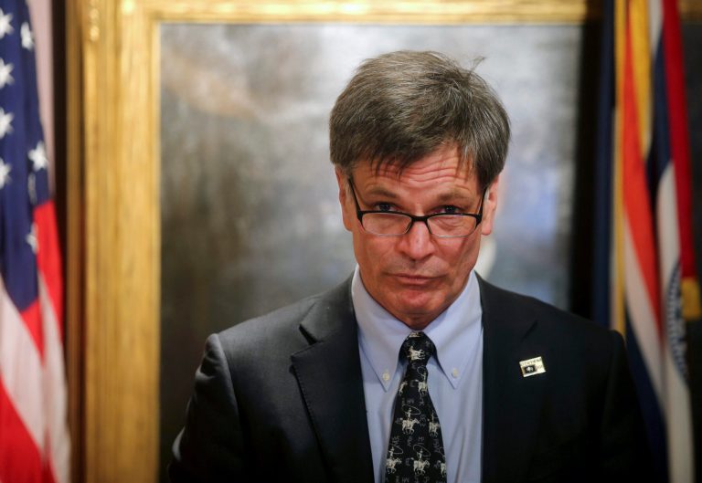FILE - Wyoming Gov. Mark Gordon speaks during a news conference in Cheyenne, Wyo., Monday, June 3, 2019. Gordon, on Friday, March 22, 2024, vetoed a bill that would have repealed certain gun-free zones, allowing people to carry concealed firearms in schools and government meetings. (Jacob Byk/The Wyoming Tribune Eagle via AP, File)