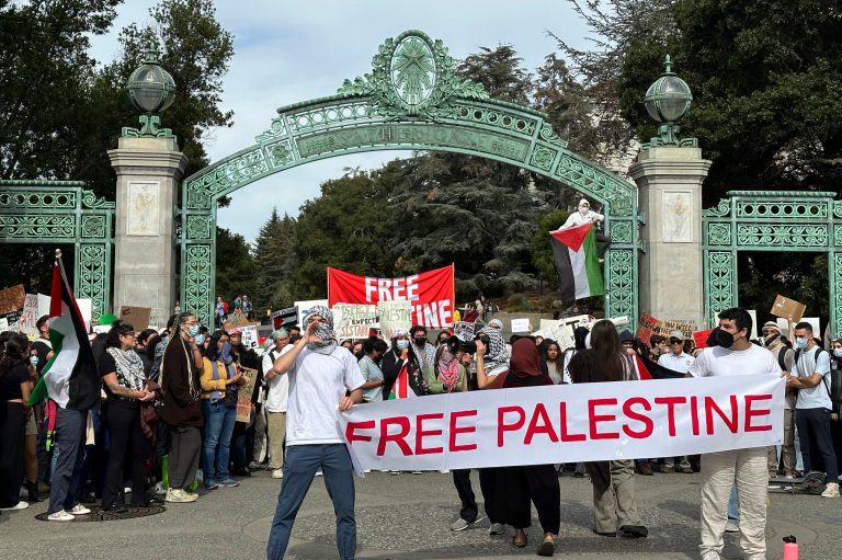 A student protest about the Israel-Gaza war takes place at the University of California, Berkeley's, Sather Gate, Monday, Oct. 16, 2023.