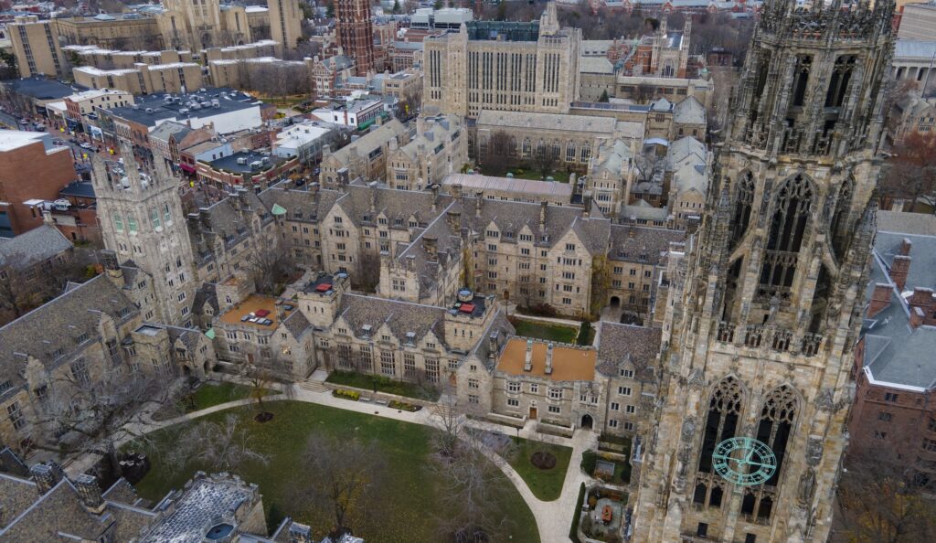 The Yale University campus, including Harkness Tower, is in New Haven, Connecticut, on Monday, December 4, 2023. (AP Photo/Ted Shaffrey)