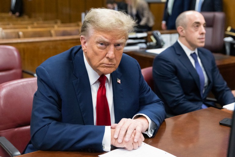 Former President Donald Trump sits inside at a Manhattan criminal courtroom in New York, on Monday, April 15, 2024. The hush money trial of former President Donald Trump begins Monday with jury selection. It's a singular moment for American history as the first criminal trial of a former U.S. commander in chief. (Jeenah Moon/Pool Photo via AP)