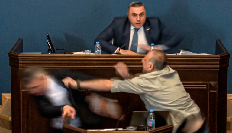 Georgian politician punches opponent and causes chaos during argument over ‘foreign agent’ bill