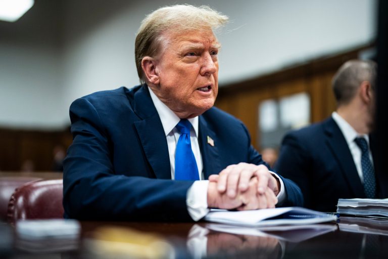 Former President Donald Trump appears at Manhattan criminal court during jury selection in New York, Thursday, April 18, 2024. (Jabin Botsford/The Washington Post via AP, Pool)