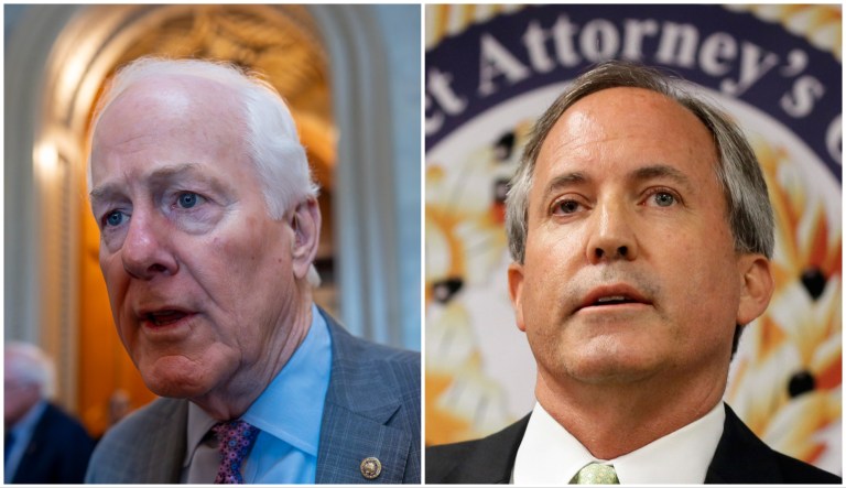 Sen. John Cornyn (R-TX), left, and Texas Attorney General Ken Paxton, right. (AP Photos)