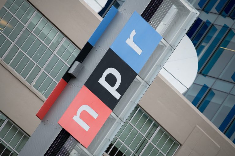 A general view of the National Public Radio logo as seen at its headquarters in Washington, D.C. on April 23, 2020 amid the COVID-19 pandemic.
