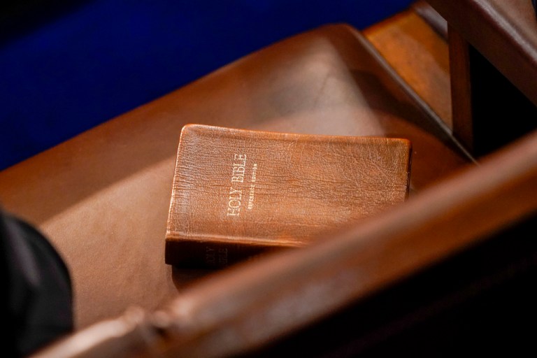 A Bible is seen on a chair in the House chamber.