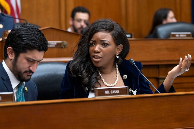 Rep. Jasmine Crockett (D-TX) reacts to a Republican talking point during a House Oversight Committee impeachment inquiry into former President Joe Biden, Thursday, Sept. 28, 2023, on Capitol Hill in Washington.