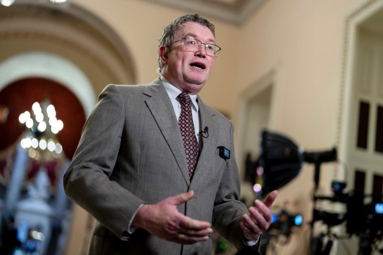 Rep. Thomas Massie (R-KY) speaks at the Capitol in Washington, Jan. 12, 2024. The Supreme Court on Tuesday rejected appeals from three Republican House members who challenged fines for not wearing face coverings on the House floor in 2021. The justices did not comment on leaving in place $500 fines issued in May 2021 to Reps. Marjorie Taylor Greene (R-GA), Massie, and Ralph Norman (R-SC).