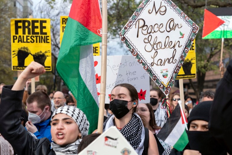Protesters demonstrate in support of Palestinians at Dupont Circle in Washington, Saturday, March 30, 2024.